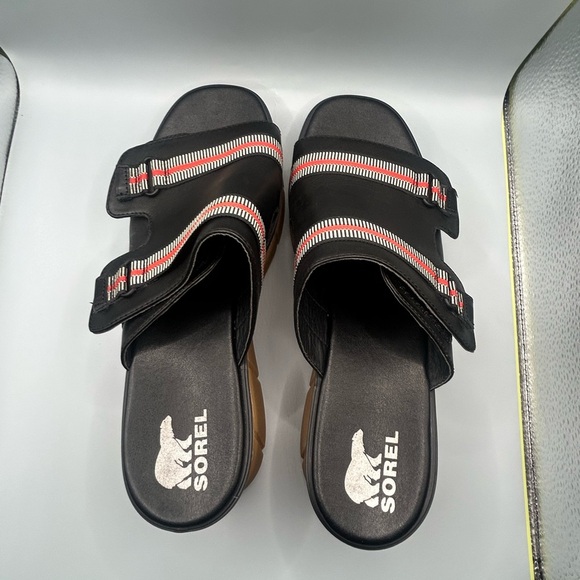 Sorel Joanie III Leather Chunky Platform Slide Sandals Black Gum Size: 11 - Picture 10 of 12